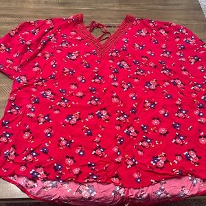 Lane Bryant Red Floral V-Neck Blouse